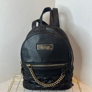 BEBE Black Faux Leather Quilted Mini Backpack Purse with Gold Chain Accent